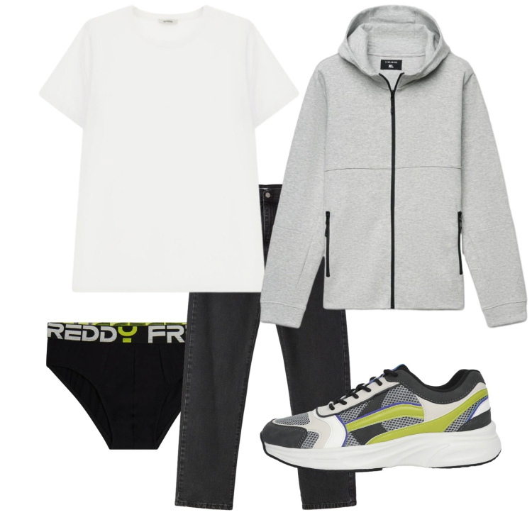 Outfit uomo - Total look #2390878. Stile Urban per Tutti i giorni. Abbinamento con sneakers, felpe con cappuccio, jeans dritti, t-shirt, slip.