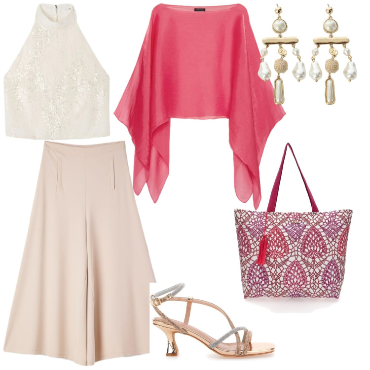 Outfit donna - Delicata e luminosa. per Serata fuori. Abbinamento con pantaloni, top, blazer, orecchini, shopping bag, sandali col tacco.