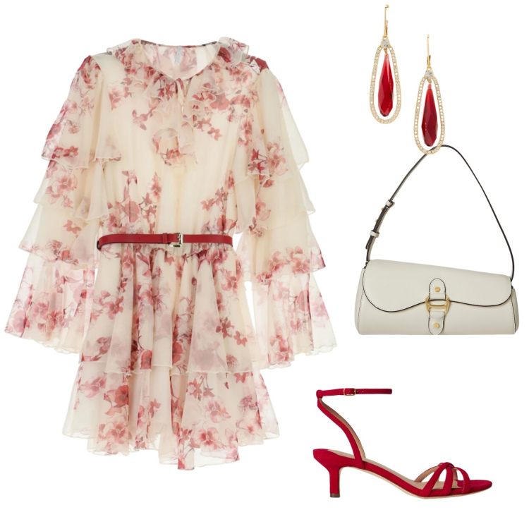 Outfit donna - Abito fluido. per Cerimonia. Abbinamento con vestiti corti, borse a spalla, orecchini, sandali col tacco.