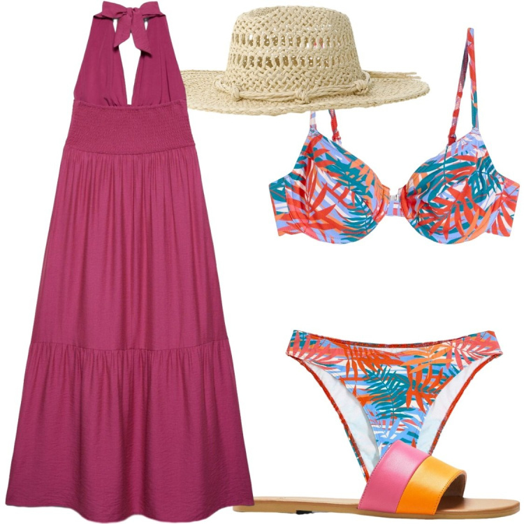 Outfit donna - Pensando alla vacanza di giugno. Stile Chic per Mare. Abbinamento con ciabatte, bikini, vestiti lunghi, cappelli.