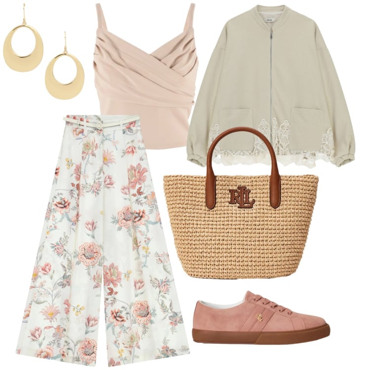 Outfit donna - Luce. per Tutti i giorni. Abbinamento con pantaloni a palazzo, canottiere, felpe, orecchini, sneakers, borse tote.