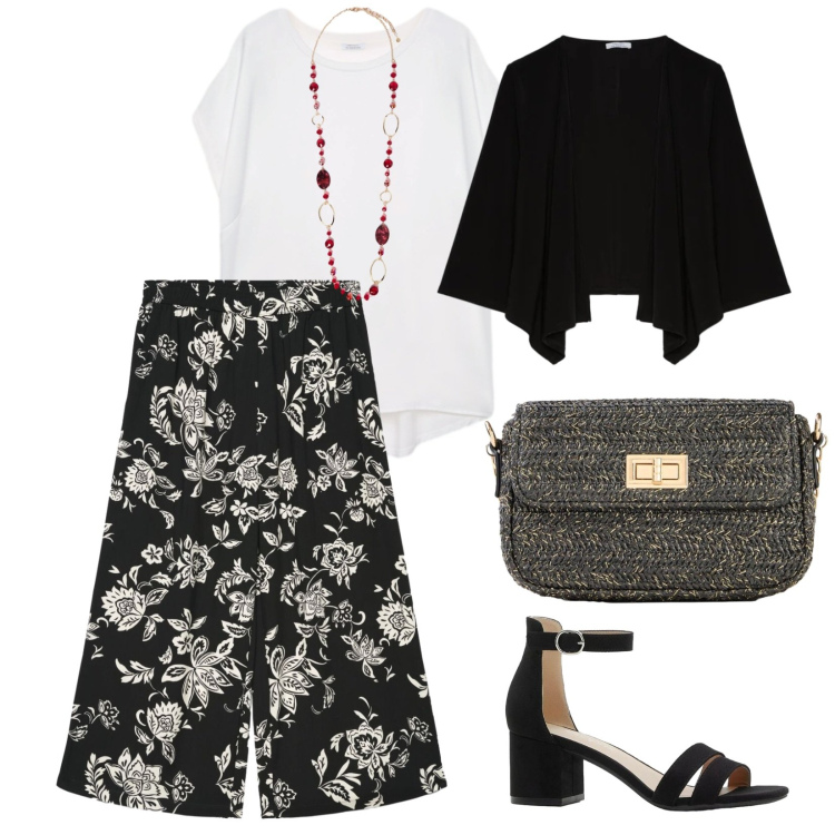 Outfit donna - Maggio è arrivato. per Tutti i giorni. Abbinamento con sandali col tacco, borse a tracolla, pantaloni a palazzo, blazer, bluse, collane.