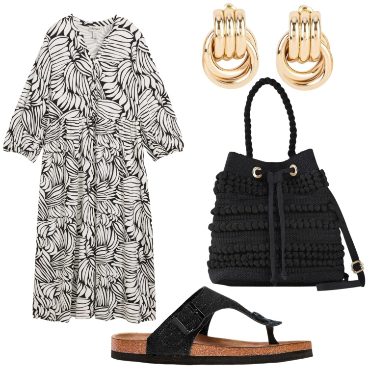 Outfit donna - bonprix - Boho Spring Vibes. Stile Boho per Tutti i giorni. Abbinamento con vestiti lunghi, borse a secchiello, infradito, orecchini.