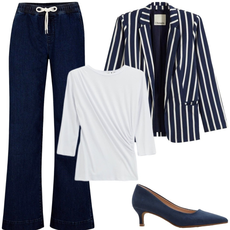Outfit donna - Business Casual: in comodità a lavoro. Stile Casual chic per Ufficio. Abbinamento con blazer, jeans, décolleté, top.