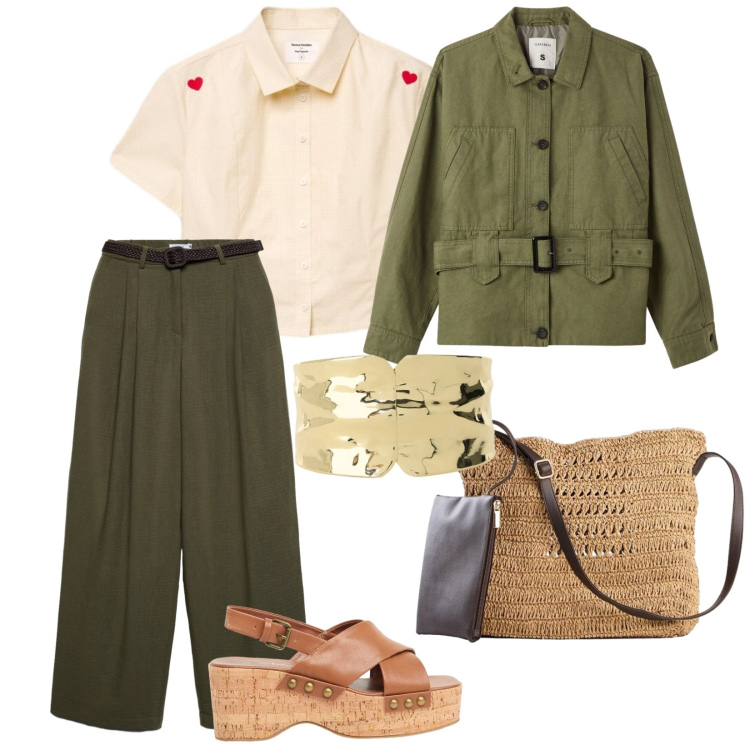 Outfit donna - Verde e marrone. per Tutti i giorni. Abbinamento con borse a tracolla, zeppe, camicie a manica corta, pantaloni, cappotti, braccialetti.