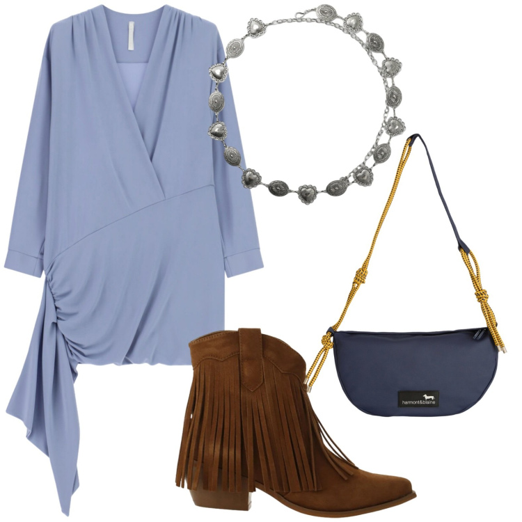 Outfit donna - Asimmetrie. Stile Chic per Serata fuori. Abbinamento con cinture, stivaletti texani, vestiti corti, borse a tracolla.
