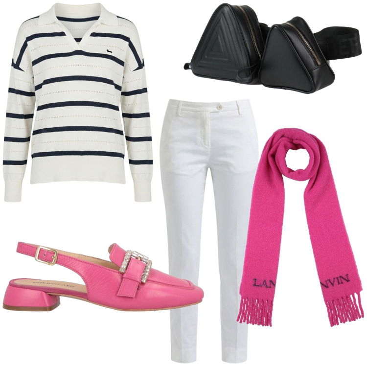 Outfit donna - Slingback con fibbia. Stile Casual per Ufficio. Abbinamento con sciarpe, marsupi, décolleté, maglieria, pantaloni.