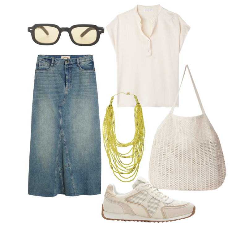 Outfit donna - Aprile. Stile Basic per Tutti i giorni. Abbinamento con gonne, sneakers alte, shopping bag, canottiere, occhiali da sole, collane.
