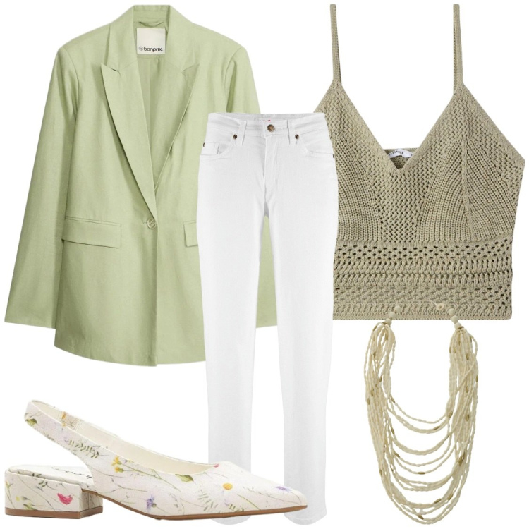 Outfit donna - Evento chic all\'ultimo minuto. Stile Casual chic per Cerimonia. Abbinamento con décolleté, jeans mom, blazer, top, collane.