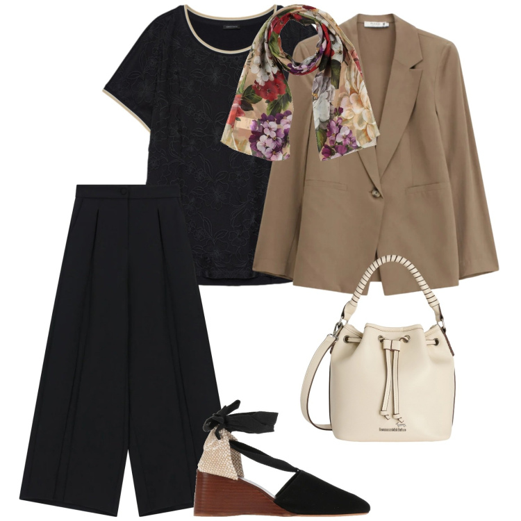 Outfit donna - Non solo nero. per Tutti i giorni. Abbinamento con sciarpe, décolleté, pantaloni a palazzo, t-shirt, blazer, borse a secchiello.