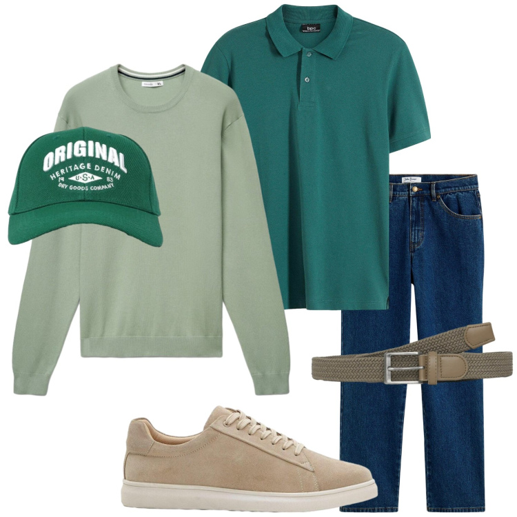 Outfit uomo - In primavera. Stile Casual per Tutti i giorni. Abbinamento con jeans dritti, polo, sneakers, cinture, maglieria, cappelli con visiera.