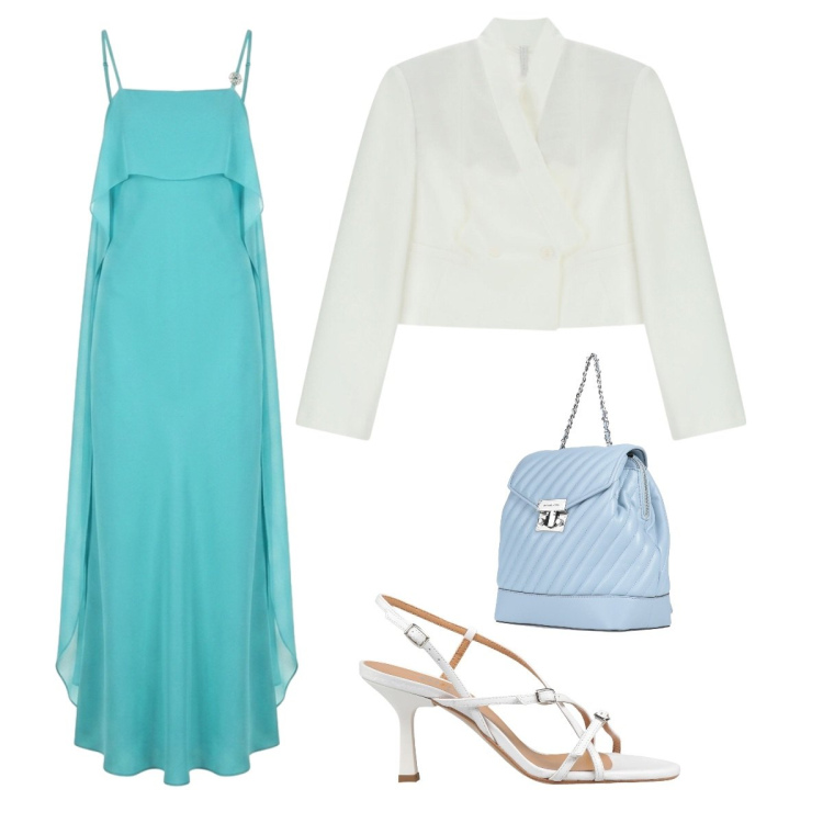 Outfit donna - Azzurro e bianco. Stile Romantica per Cerimonia. Abbinamento con zaini, sandali in pelle, blazer, vestiti lunghi.
