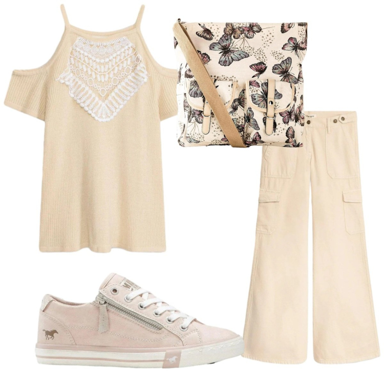 Outfit donna - Boho style. Stile Casual per Tutti i giorni. Abbinamento con top, borse a tracolla, pantaloni cargo, sneakers.