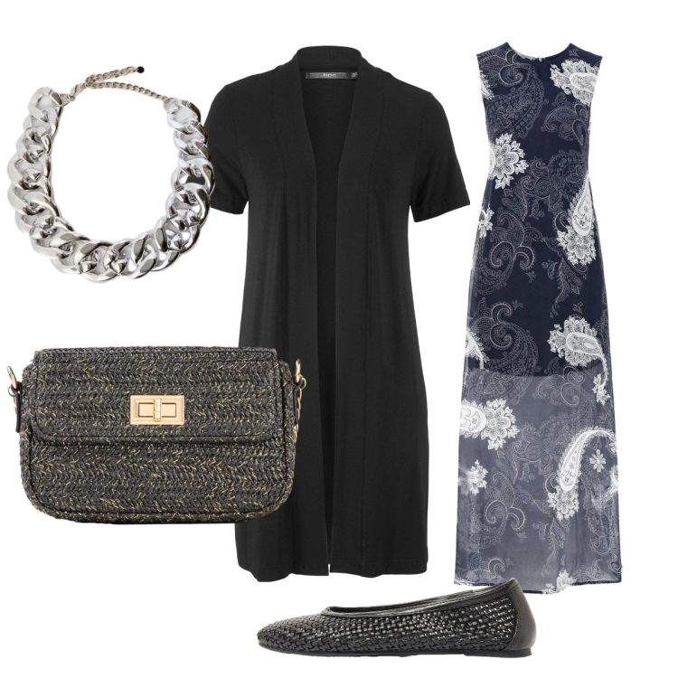 Outfit donna - Serata. Stile Glamour per Tutti i giorni. Abbinamento con cardigans, borse a tracolla, vestiti lunghi, ballerine, collane.