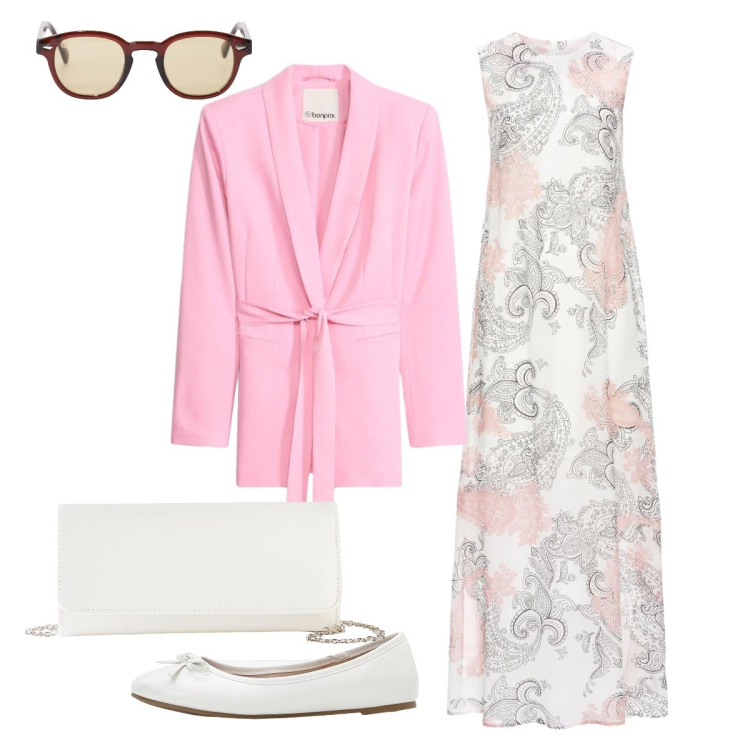 Outfit donna - La semplicità e’ eleganza. Stile Chic per Cerimonia. Abbinamento con vestiti lunghi, ballerine, blazer, pochette, occhiali da sole.