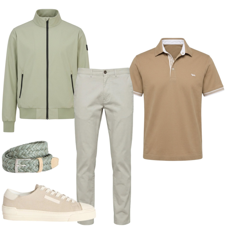 Outfit uomo - Total look #2390936. Stile Trendy per Ufficio. Abbinamento con sneakers, pantaloni, cinture, polo, bomber.
