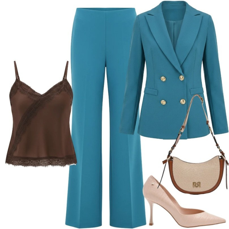 Outfit donna - Elegante per occasioni speciali. Stile Chic per Tutti i giorni. Abbinamento con blazer, borse a tracolla, décolleté, canottiere, pantaloni a palazzo.