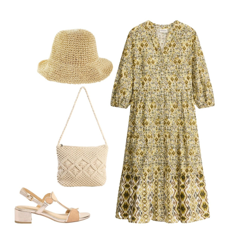 Outfit donna - Boho vintage anni 70. Stile Vintage retrò per Tutti i giorni. Abbinamento con vestiti midi/longuette, sandali col tacco, cappelli, borse a tracolla.