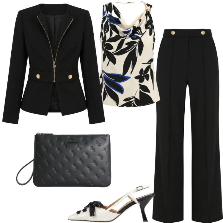 Outfit donna - Stampe ricercate. Stile Chic per Serata fuori. Abbinamento con décolleté, pantaloni, blazer, canottiere, anelli.