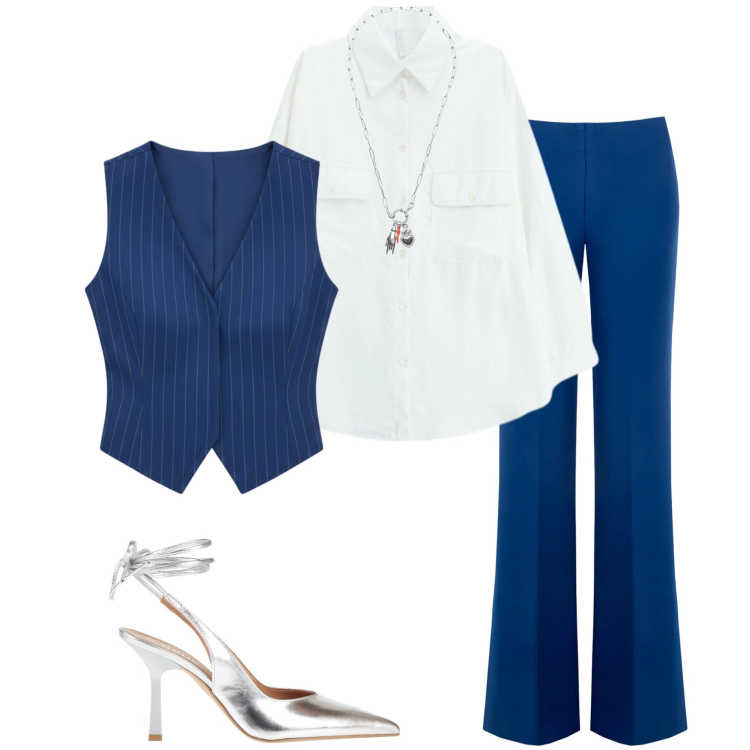 Outfit donna - Aperitivo con amici. Stile Casual chic per Serata fuori. Abbinamento con décolleté, camicie, pantaloni a palazzo, gilet, ciondoli.