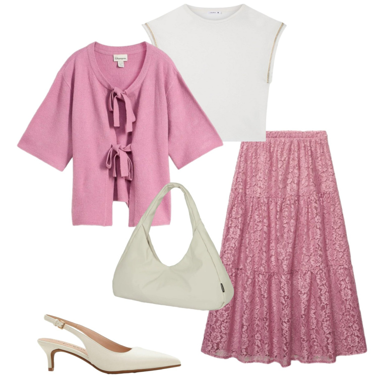 Outfit donna - Rosa antico. Stile Casual chic per Serata fuori. Abbinamento con décolleté, cardigans, gonne lunghe, t-shirt, borse a spalla.