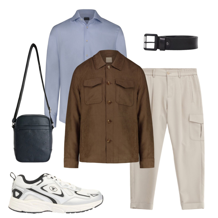 Outfit uomo - Total look #2390954. Stile Urban per Ufficio. Abbinamento con sneakers, borse sportive, pantaloni cargo, cinture, cappotti, camicie.