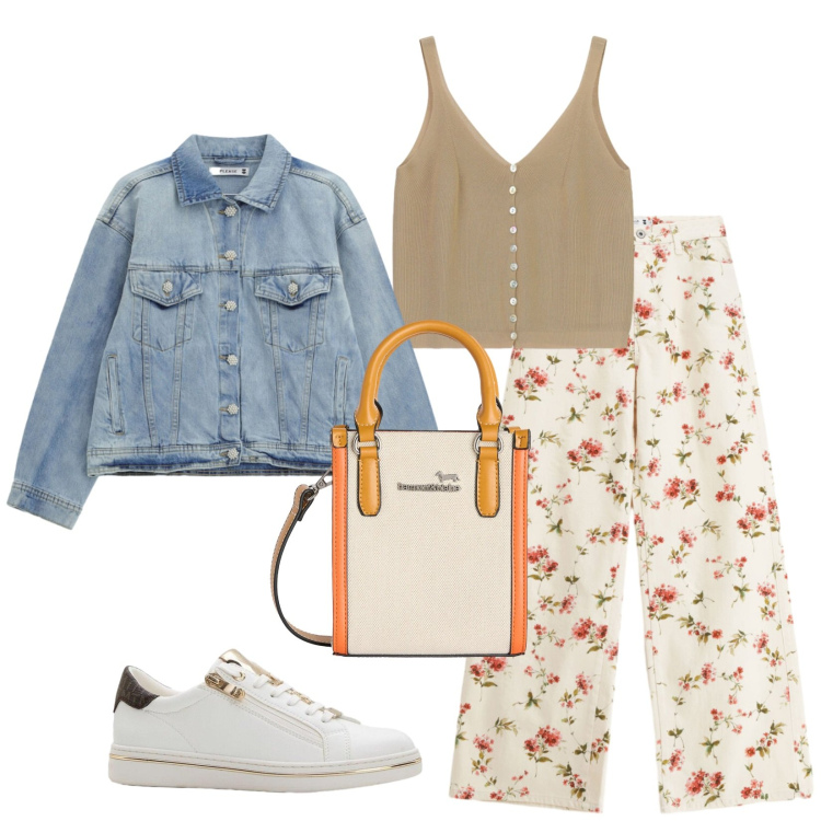 Outfit donna - Total look #2390956. Stile Casual per Tutti i giorni. Abbinamento con sneakers, top, pantaloni a palazzo, blazer, borse tote.