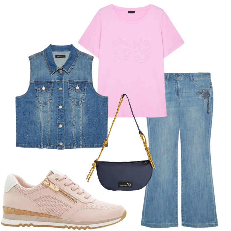 Outfit donna - Gilet in jeans. Stile Casual chic per Tutti i giorni. Abbinamento con sneakers, t-shirt, gilet, jeans, borse a tracolla.