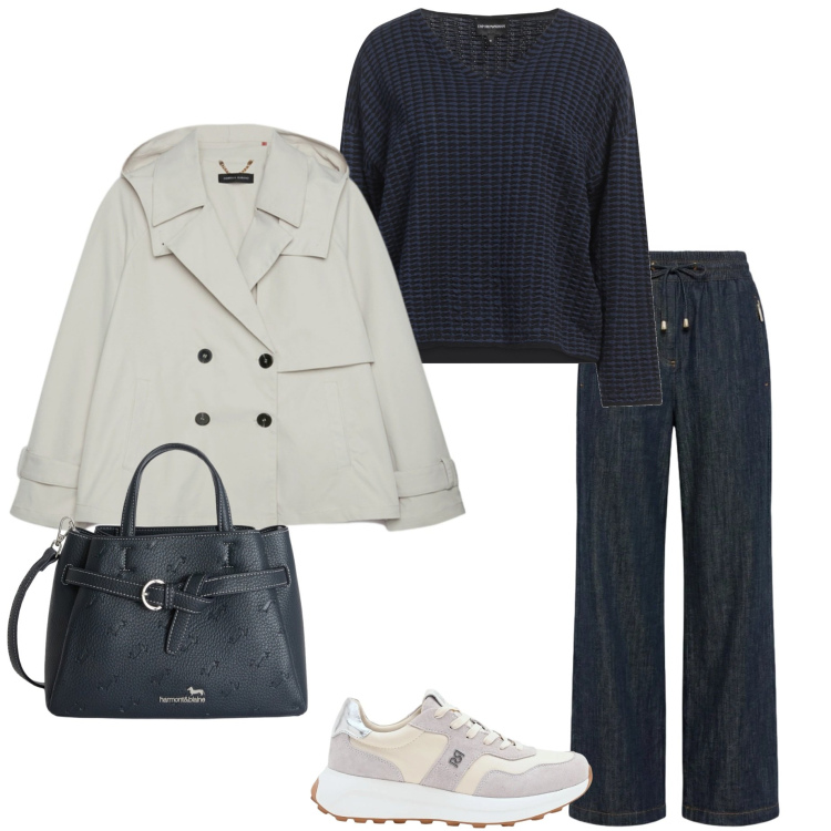 Outfit donna - Pioggia di aprile. Stile Urban per Tutti i giorni. Abbinamento con pullovers, sneakers, trench, pantaloni, borse a mano.