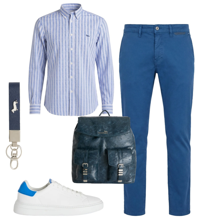 Outfit uomo - Aprile. Stile Urban per Tutti i giorni. Abbinamento con pantaloni, sneakers, portachiavi, borse sportive, camicie.