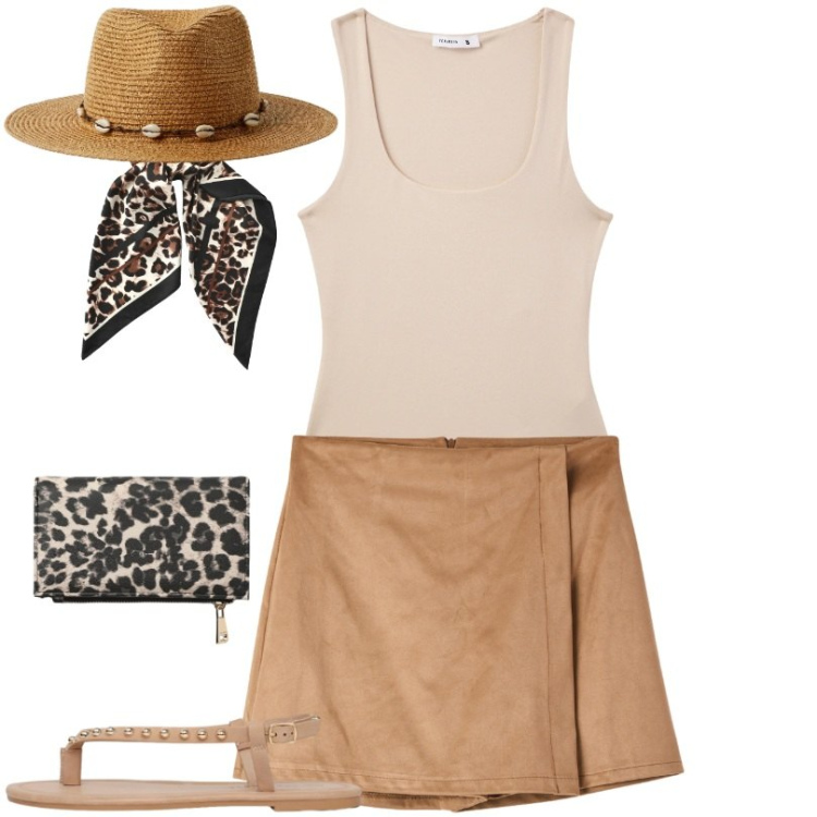 Outfit donna - Total look #2390975. Stile Trendy per Tutti i giorni. Abbinamento con minigonne, cappelli, canottiere, foulard, portafogli, ciabatte.