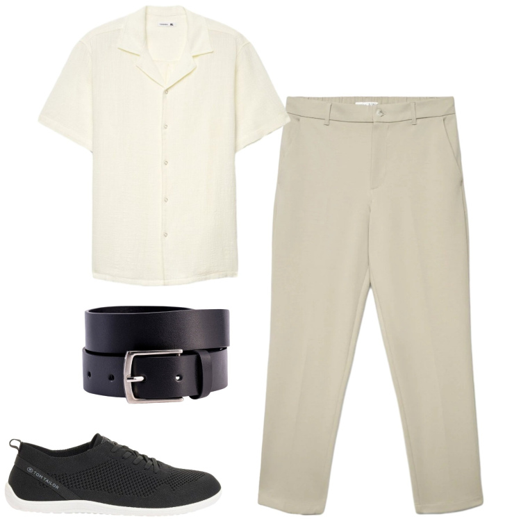 Outfit uomo - City. Stile Urban per Tutti i giorni. Abbinamento con sneakers, pantaloni chino, camicie a manica corta, cinture.