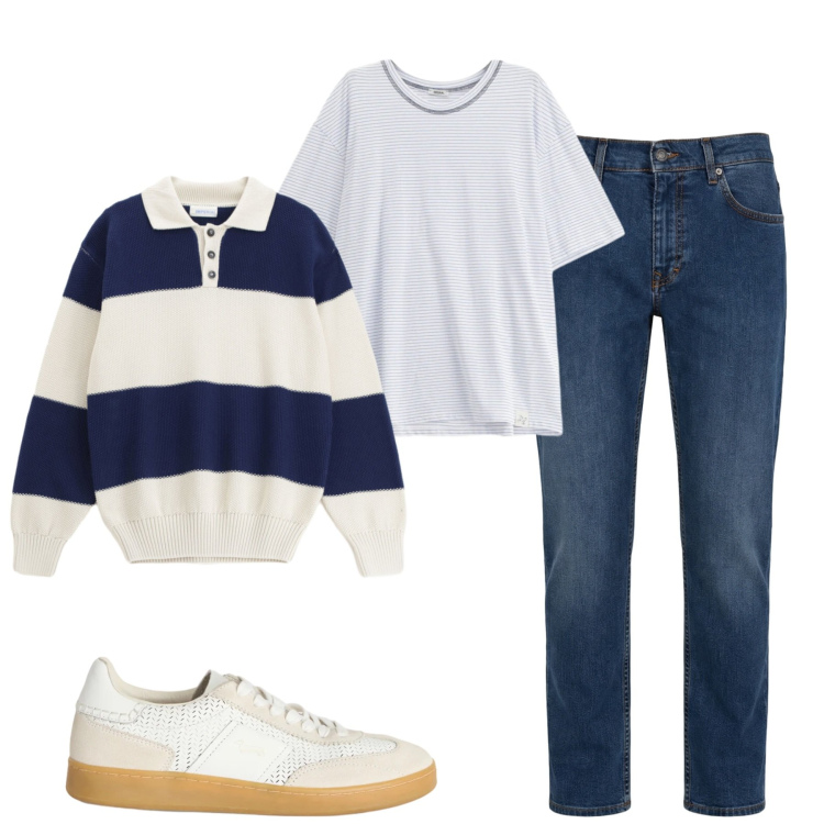 Outfit uomo - Aprile. Stile Casual per Tutti i giorni. Abbinamento con maglieria, t-shirt, jeans, sneakers.