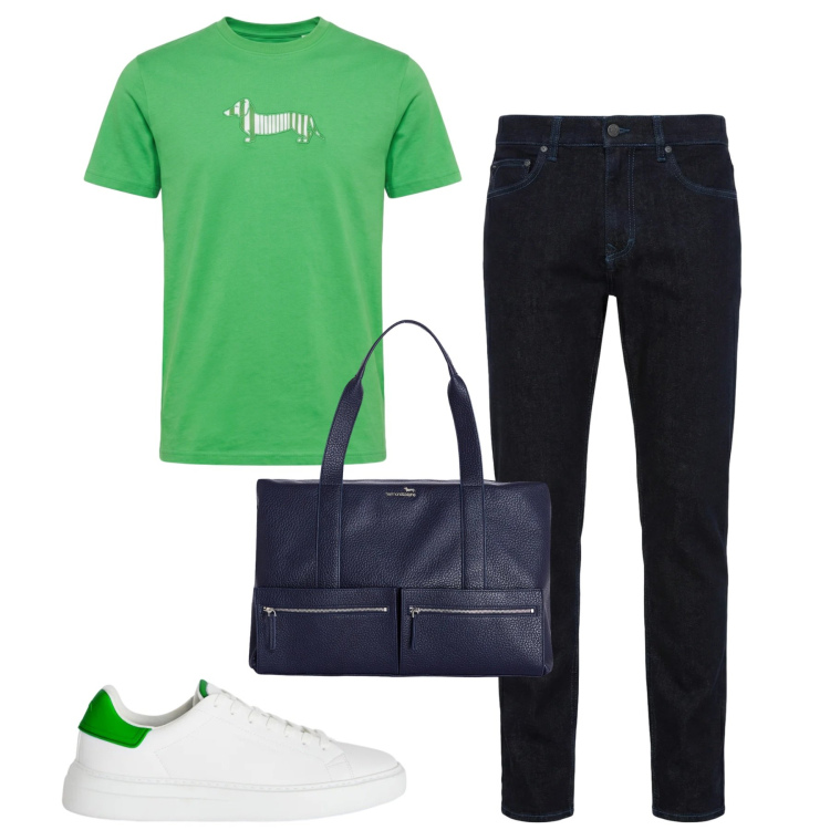 Outfit uomo - Aprile. Stile Casual per Tutti i giorni. Abbinamento con jeans, borse sportive, t-shirt, sneakers.