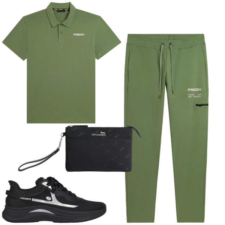 Outfit uomo - Freddy. Stile Casual per Tutti i giorni. Abbinamento con borse sportive, polo, sneakers, pantaloni.