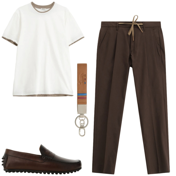 Outfit uomo - City. Stile Urban per Tutti i giorni. Abbinamento con t-shirt, scarpe stringate, pantaloni, portachiavi.