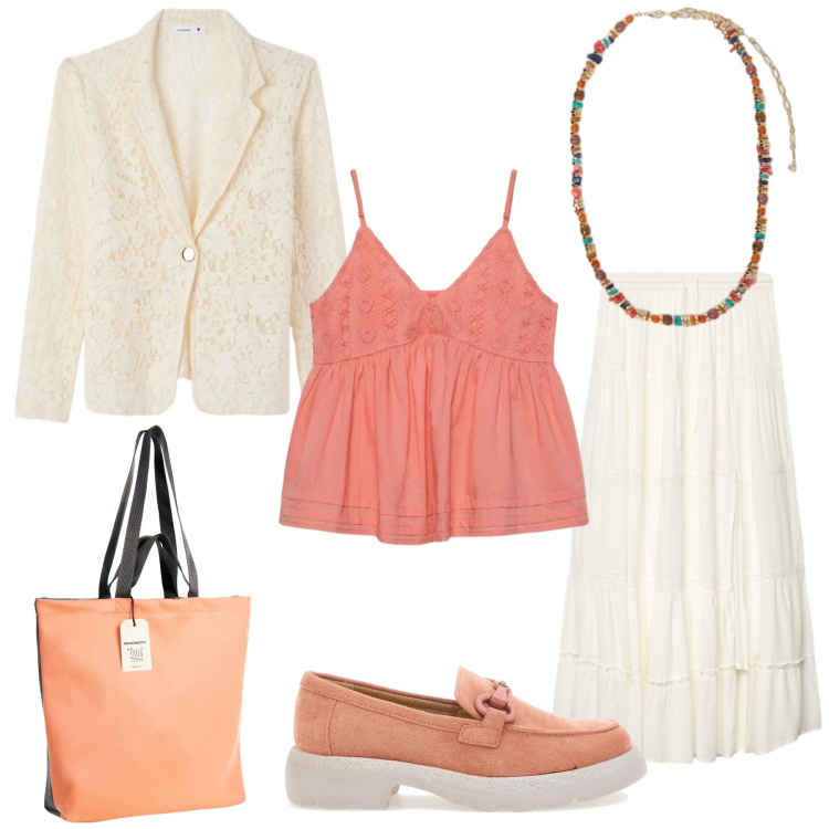 Outfit donna - Eleganza boho. Stile Boho per Serata fuori. Abbinamento con gonne lunghe, blazer, canottiere, collane, borse tote, mocassini.