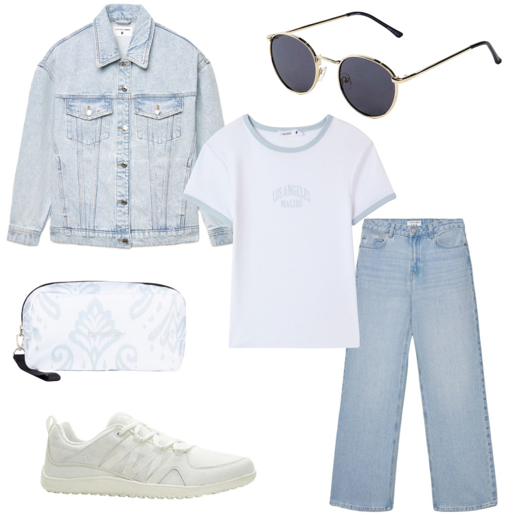 Outfit donna - Semplicità. Stile Urban per Tutti i giorni. Abbinamento con occhiali da sole, sneakers, jeans, cappotti, t-shirt, valigie.