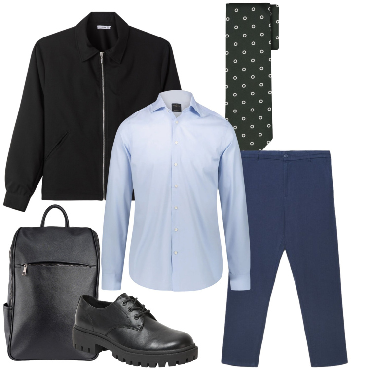 Outfit uomo - Total look #2390998. Stile Casual per Ufficio. Abbinamento con bomber, scarpe stringate, pantaloni, camicie, borse sportive, cravatte.