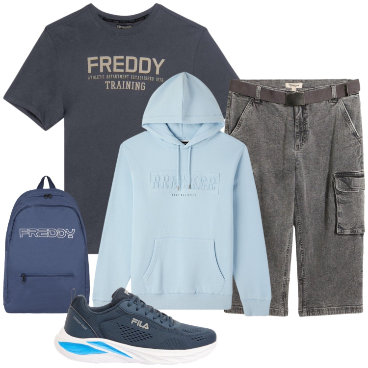 Outfit uomo - Total look #2390999. Stile Urban per Tutti i giorni. Abbinamento con sneakers, jeans, felpe con cappuccio, t-shirt, borse sportive.