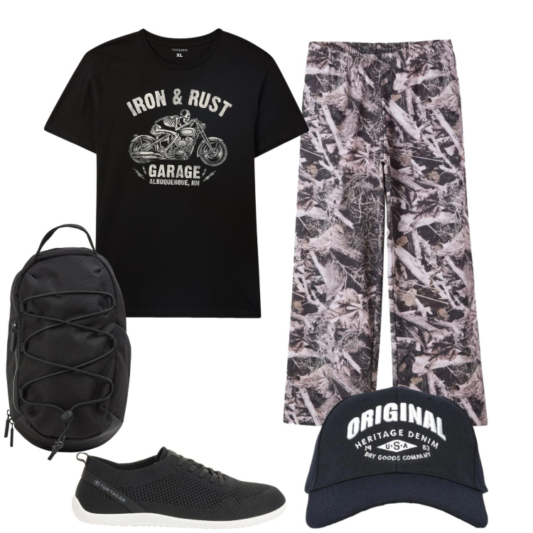 Outfit uomo - Total look #2391001. Stile Casual per Tutti i giorni. Abbinamento con sneakers, t-shirt, cappelli con visiera, borse sportive, pantaloni.