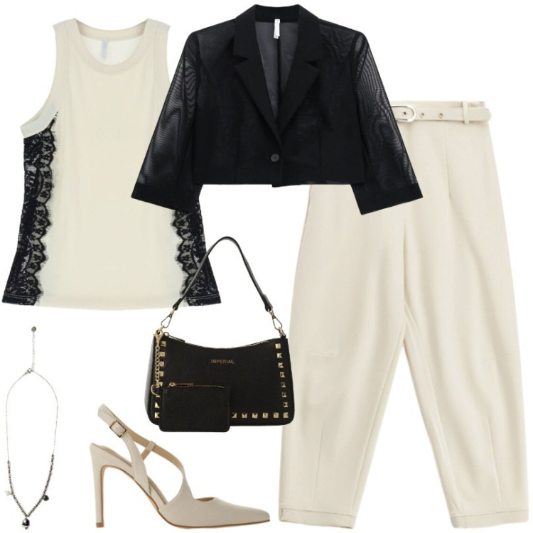 Outfit donna - Pantaloni cropped con cintura decorativa. Stile Trendy per Serata fuori. Abbinamento con top, décolleté, pantaloni, borse a spalla, blazer, ciondoli.