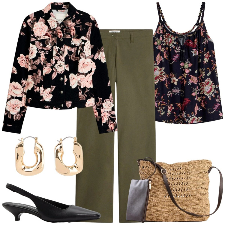 Outfit donna - Boho. Stile Boho per Tutti i giorni. Abbinamento con pantaloni, blazer, borse a tracolla, top, décolleté, orecchini.