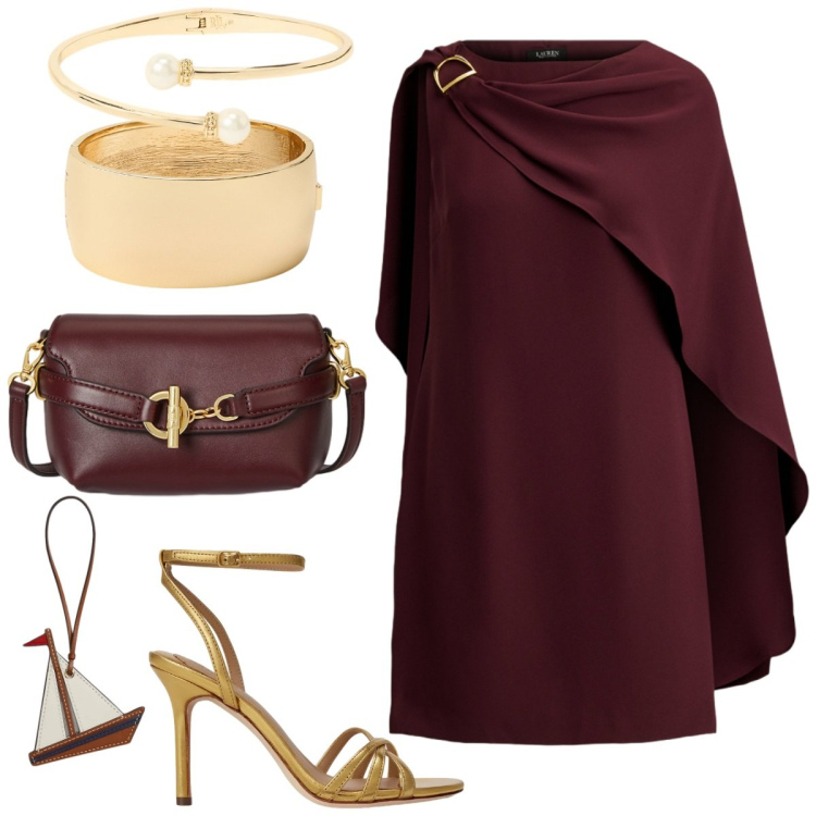 Outfit donna - Cerimonia serale. Stile Glamour per Cerimonia. Abbinamento con borse a tracolla, braccialetti, vestiti, sandali in pelle, portachiavi, braccialetti.