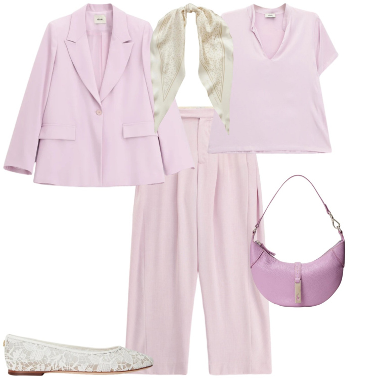 Outfit donna - Casual chic ufficio tempo libero. Stile Casual chic per Tutti i giorni. Abbinamento con t-shirt, pantaloni a palazzo, blazer, borse a spalla, ballerine, foulard.