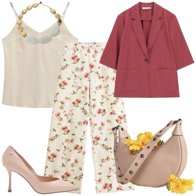 Outfit donna - Peach blush. Stile Casual chic per Tutti i giorni. Abbinamento con canottiere, décolleté, borse a spalla, collane, pantaloni a palazzo, blazer.