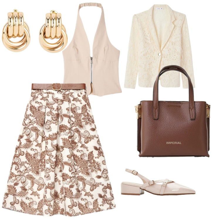 Outfit donna - Gonna lunga. per Tutti i giorni. Abbinamento con décolleté, orecchini, blazer, gonne lunghe, top, borse a tracolla.