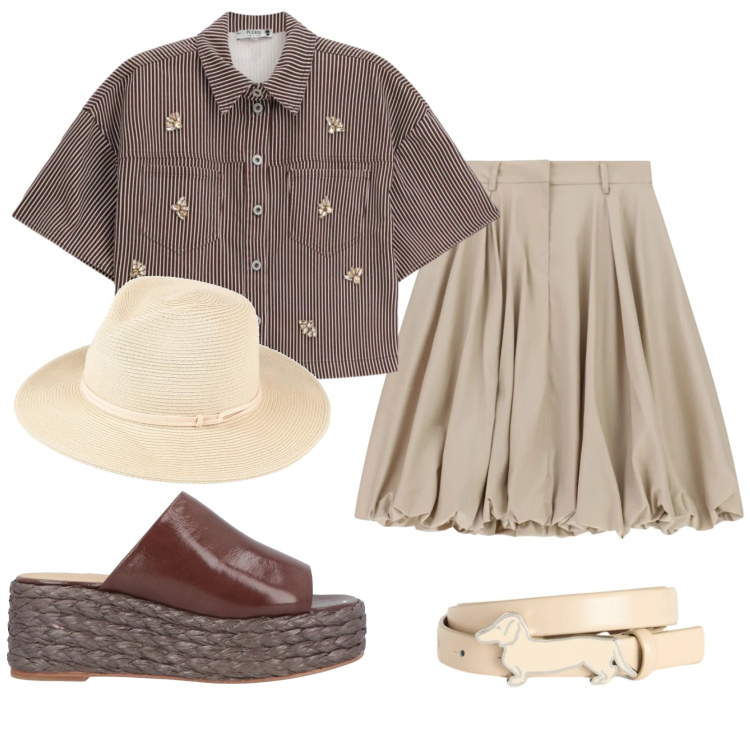 Outfit donna - Total look #2391012. Stile Romantica per Serata fuori. Abbinamento con cappelli, sandali in pelle, gonne longuette, camicie a manica corta, cinture.