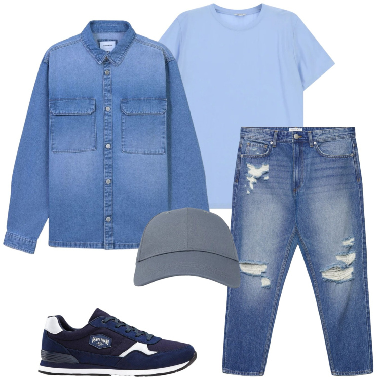 Outfit uomo - Total look #2391013. Stile Urban per Tutti i giorni. Abbinamento con sneakers, cappelli con visiera, jeans strappati, cappotti, t-shirt.