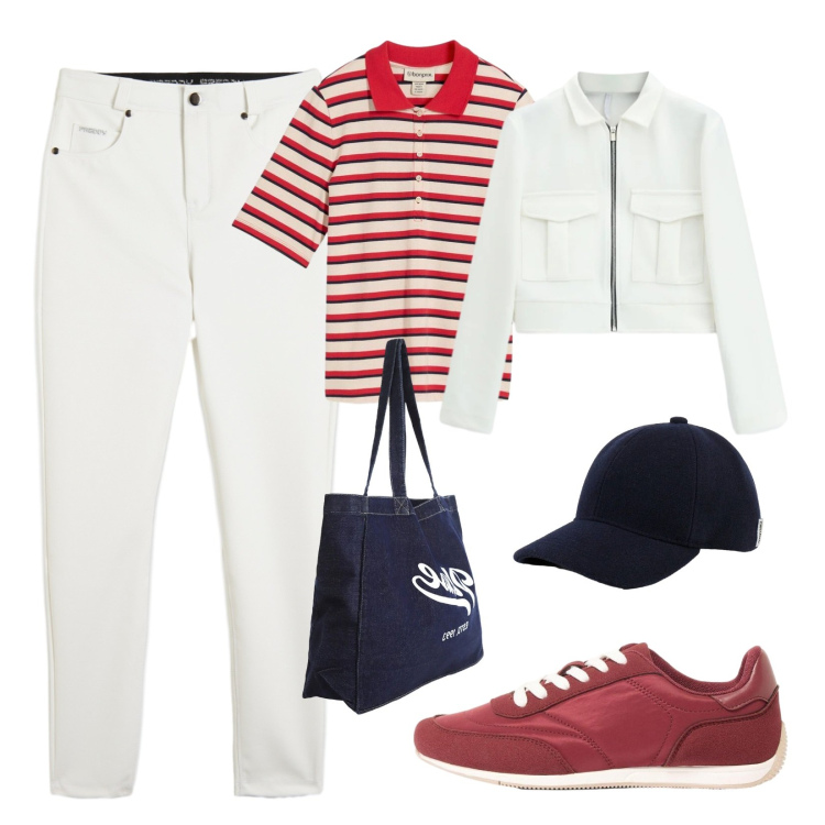 Outfit donna - Weekend lungo. Stile Urban per Scuola/Università. Abbinamento con polo, sneakers, shopping bag, cappotti, cappelli con visiera, pantaloni skinny.